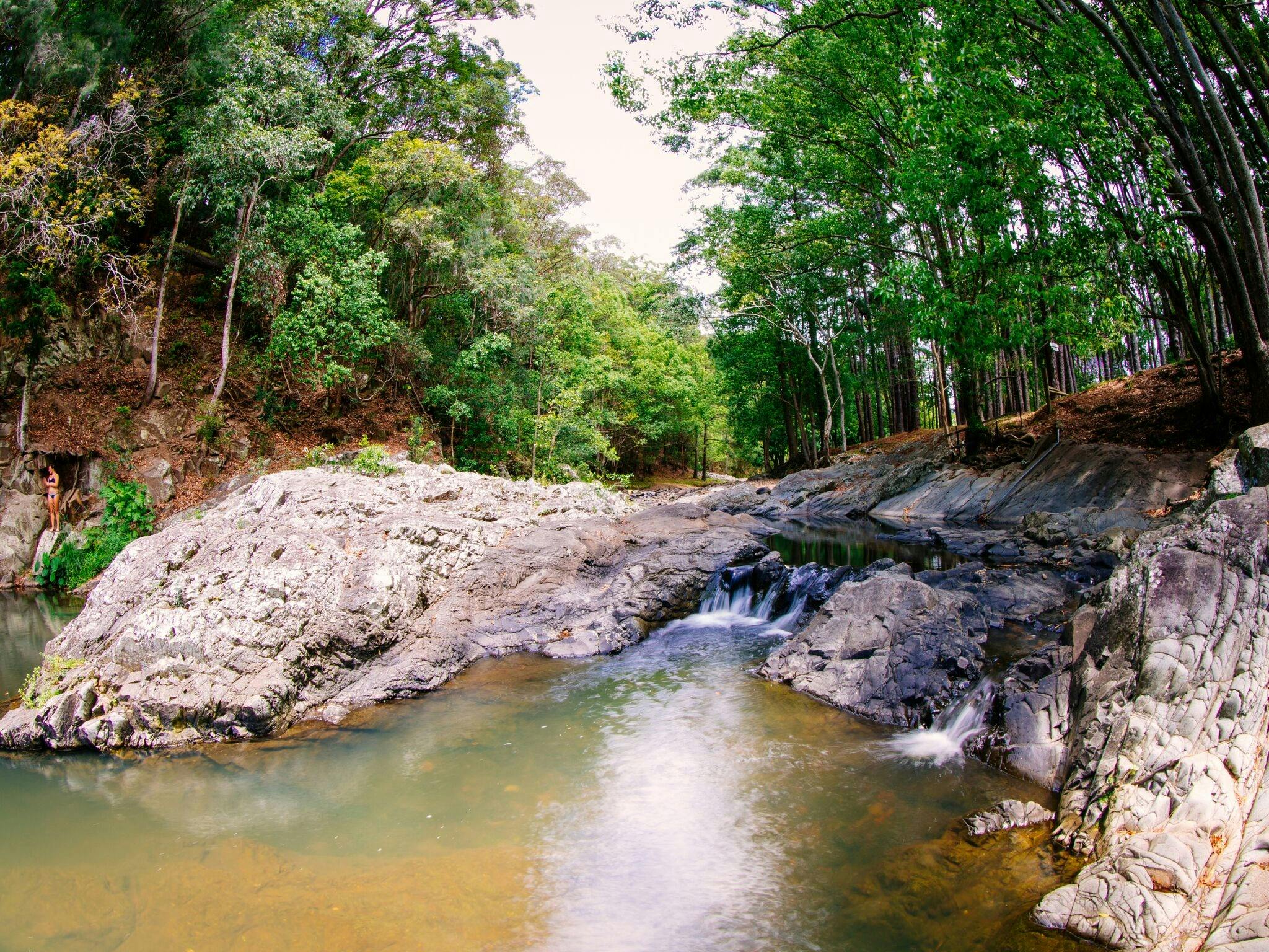 dust-temple-currumbin-morning Clear water and smooth rocks at the free Currumbin Rock Pools up Currumbin Creek near Currumbin