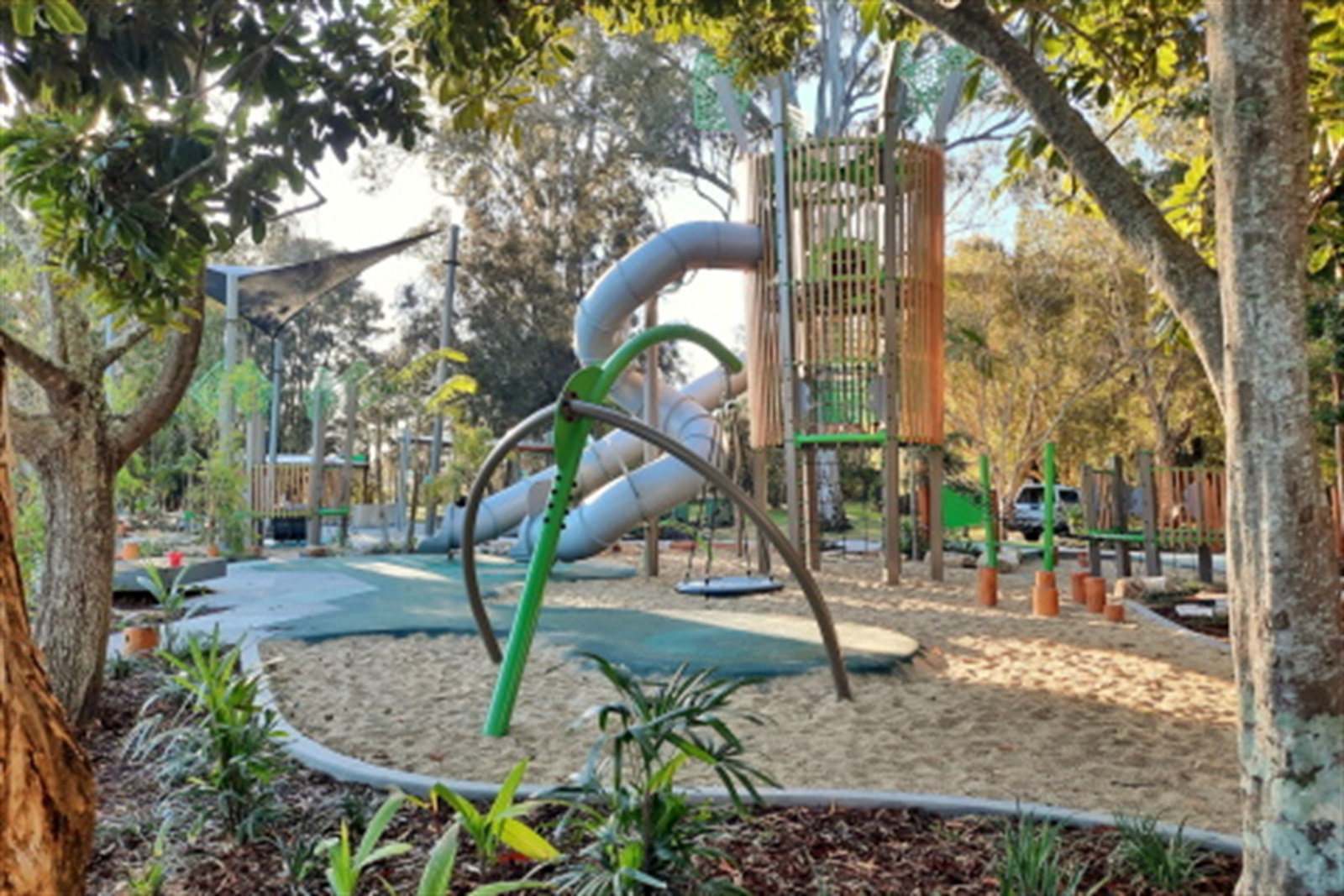 elanora-morning-walk-pine-lake Shaded walking paths and playground at Schuster Park on the Tallebudgera Creek parklands near Elanora